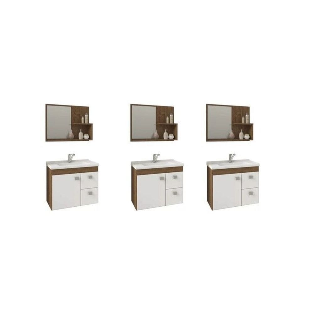 Kit com 3 Gabinetes Suspensos com Cuba e Espelheira Isa Amêndoa/Branco