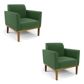 Kit 2 Poltronas Decorativas Pés Fixo Em Madeira Castanho Suede Verde