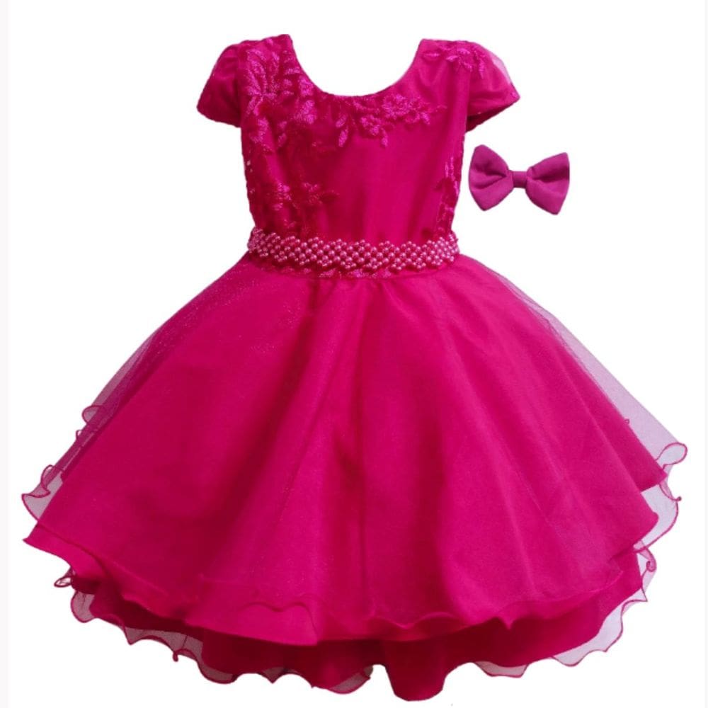 Vestido Infantil Princesa Bordado Pink Com Cinto Em Pérolas
