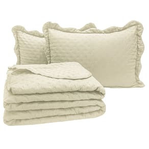 Kit Cobre Leito Colcha Perone Queen Dupla Face Toque de Pluma Micro Percal 300 Fios 3 Peças - Palha