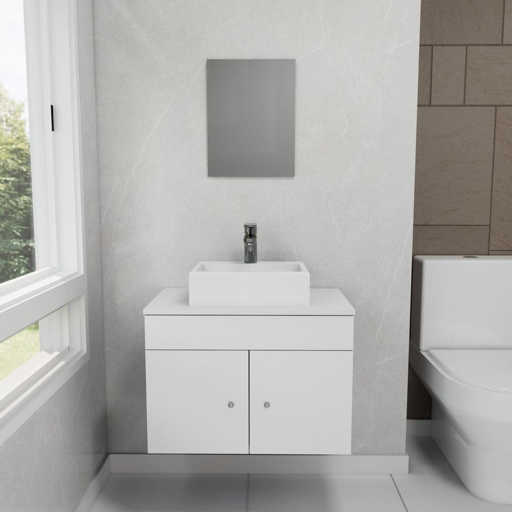 Gabinete Armário para Banheiro com Pia Cuba Quadrada Mármore e 60cm Balcão Suspenso Branco