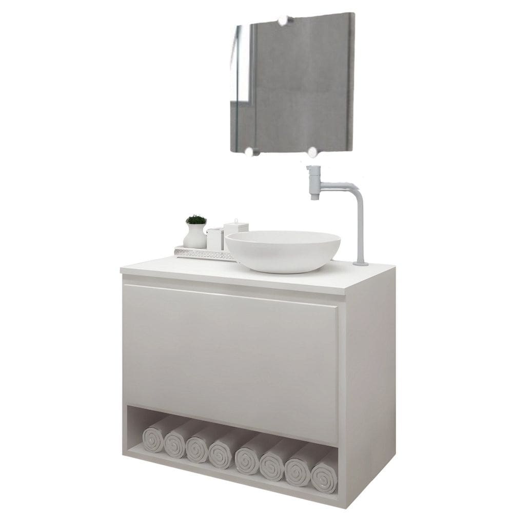 Gabinete Armário para Banheiro com Pia Cuba 60cm Balcão Suspenso Branco