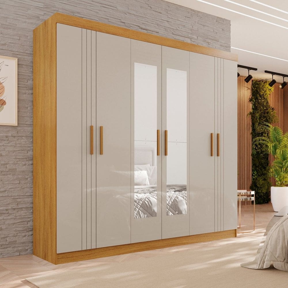 Guarda-roupa 4 Gavetas 6 Portas com Espelho Lisboa Cinamomo / Off White