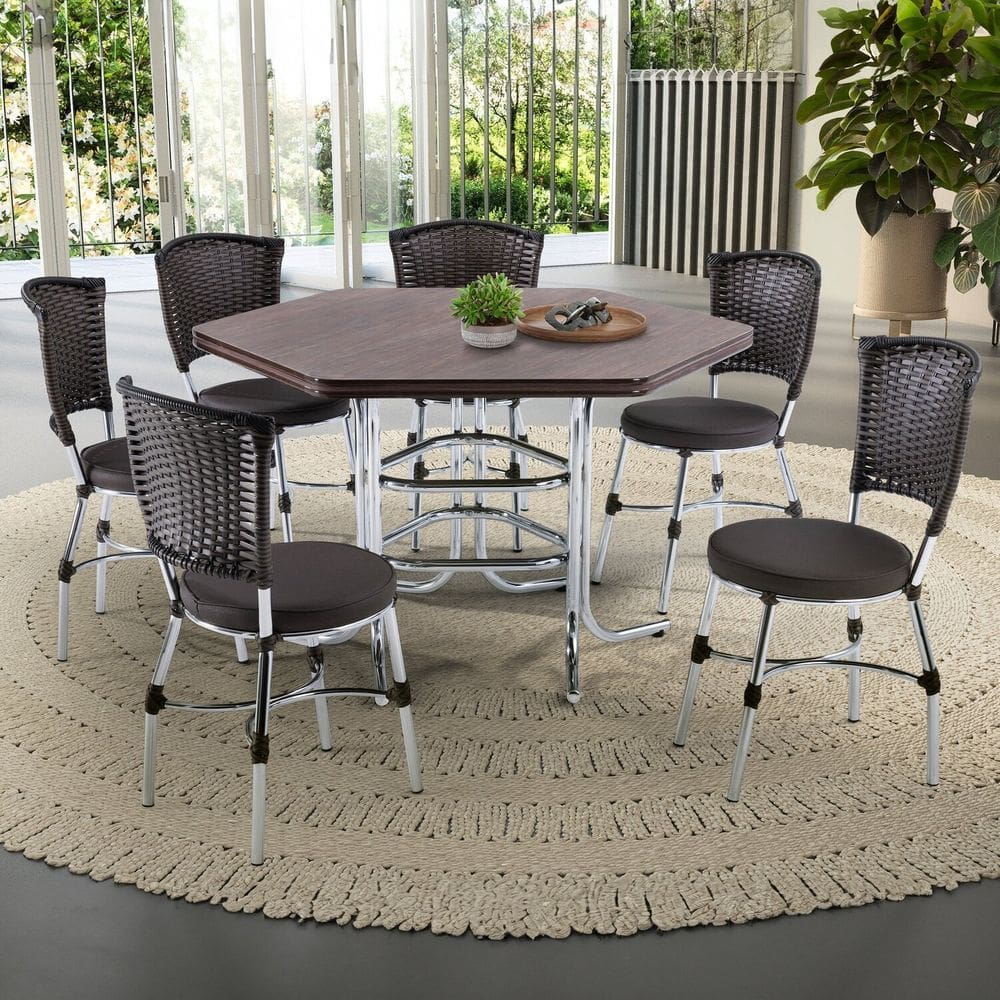 Conjunto Sala de Jantar Mesa Sextavada com 6 Cadeiras Brastubo Cromado/Amadeirado Escuro/Café News