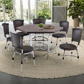 Conjunto Sala de Jantar Mesa Sextavada com 6 Cadeiras Brastubo Cromado/Amadeirado Escuro/Café News