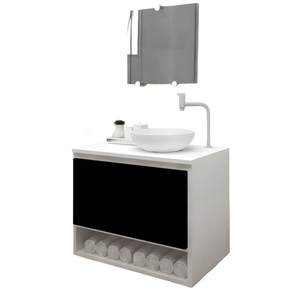 Gabinete Armário para Banheiro com Pia Cuba 60cm Balcão Suspenso Preto