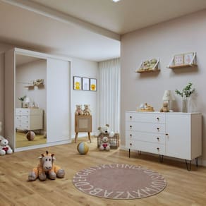 Quarto Infantil Guarda-Roupa 2 Portas Correr e Espelhos Arabella com Cômoda 1 Porta 4 Gavetas Aurora Branco