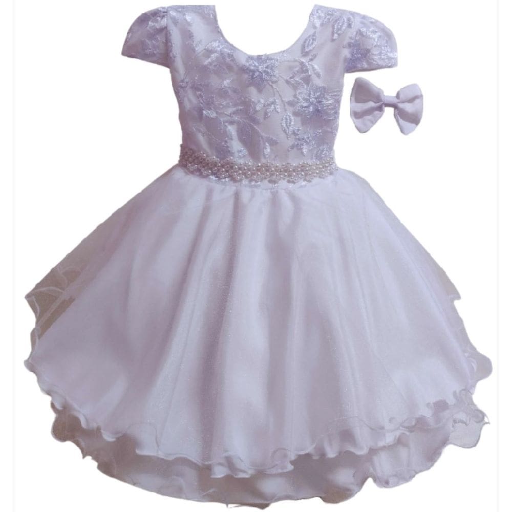 Vestido Infantil Princesa Bordado Branco Com Cinto Em Pérolas