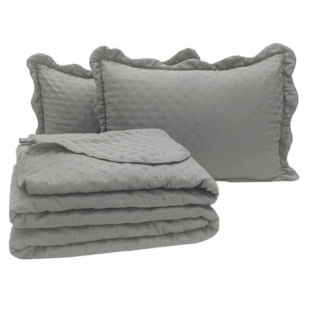 Kit Cobre Leito Colcha Perone Casal Padrão Dupla Face Toque de Pluma Micro Percal 300 Fios 3 Peças - Cinza