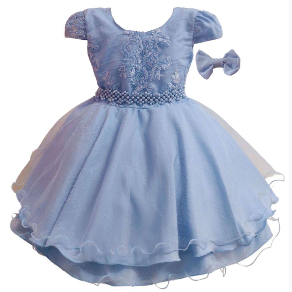 Vestido Bordado Azul com Cinto em Pérola
