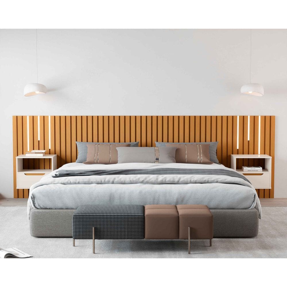 Cabeceira Ripado Para Cama King Size Maracá Nature Com 2 Mesa de Cabeceira Jatobá Com Led OffWhite - Rede Móveis