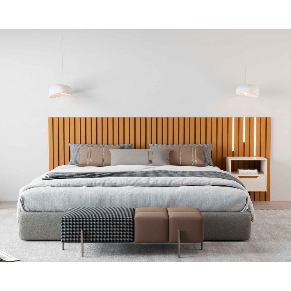 Cabeceira Ripado Para Cama King Size Maracá Nature Com Mesa de Cabeceira Jatobá Com Led OffWhite - Rede Móveis
