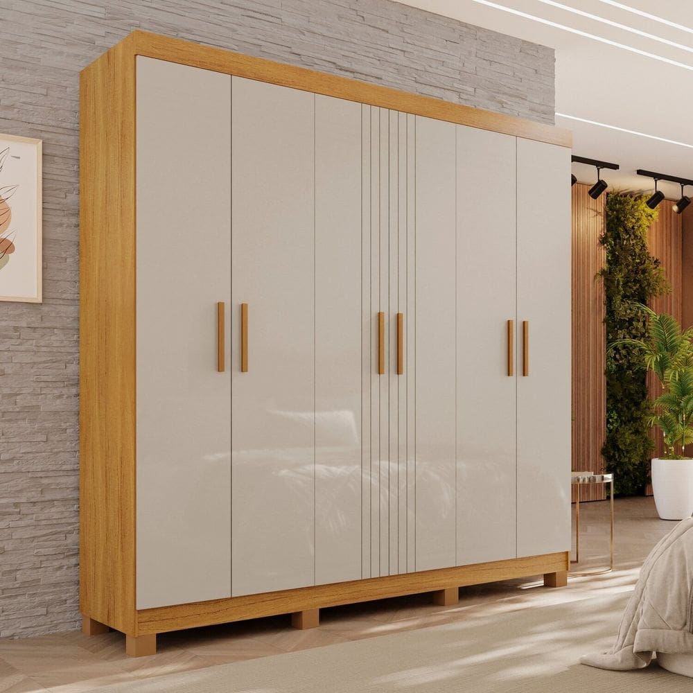 Guarda-roupa 2 Gavetas 6 Portas com Pés Lisboa Cinamomo / Off White