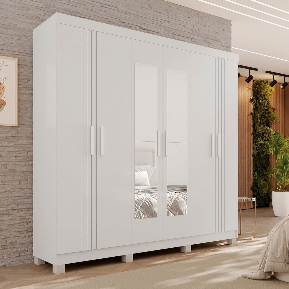 Guarda-roupa 2 Gavetas 6 Portas com Espelho com Pés Lisboa Branco