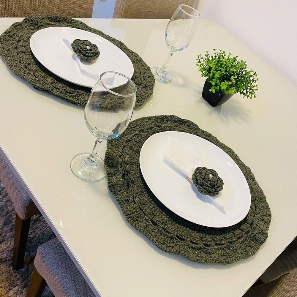 Kit 2 Sousplat Com 2 Porta Guardanapo Em Crochê Artesanal Cor Verde - Majú Decor