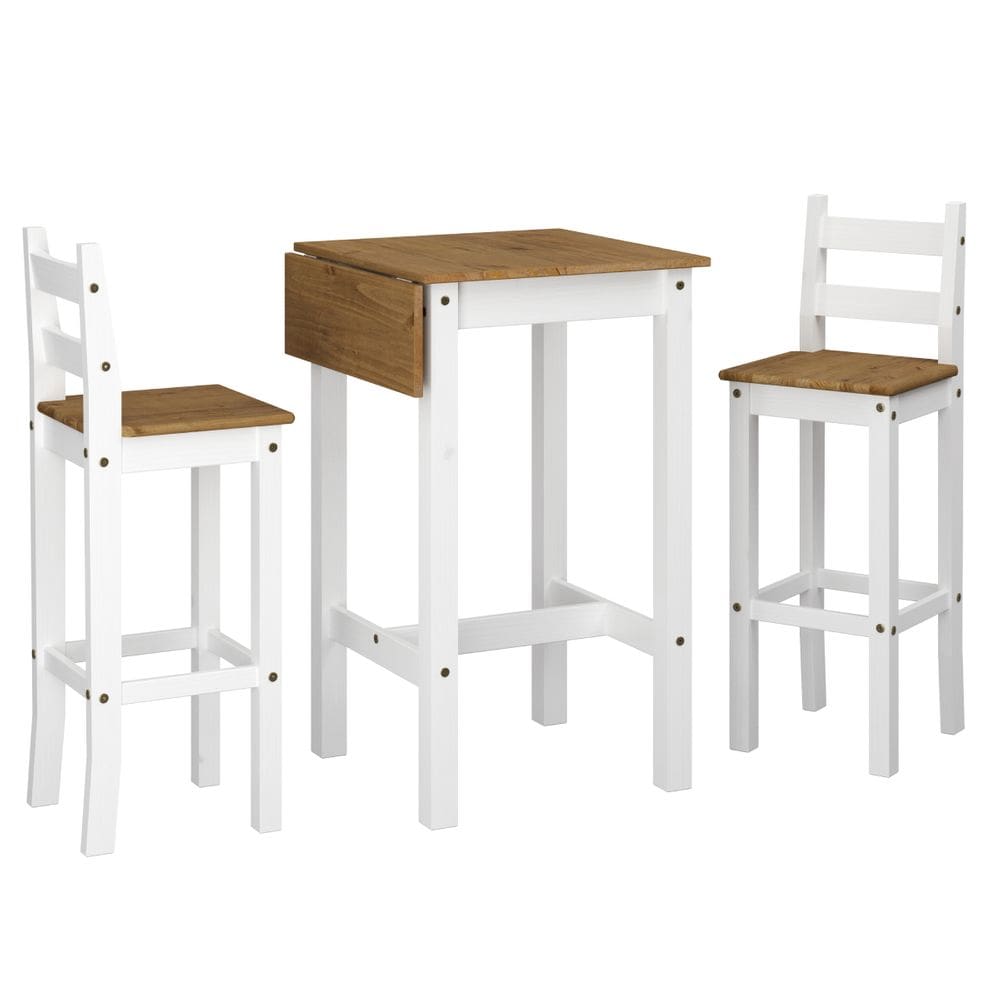 Conjunto de Mesa Alta Dobrável e 2 Banquetas de Madeira Branco Lavado