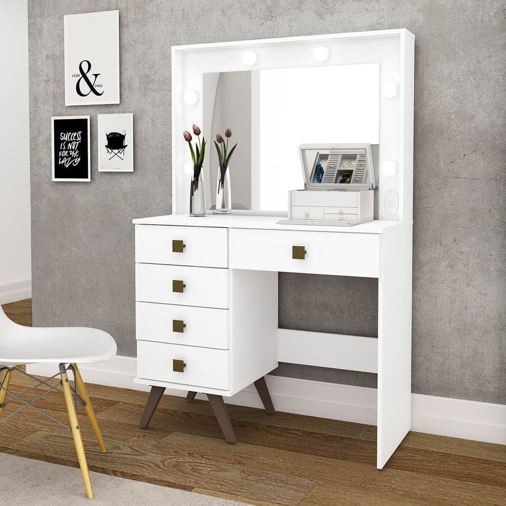 Penteadeira Camarim com Espelho 5 Gavetas Retrô 93 Cm Branco Movelbento