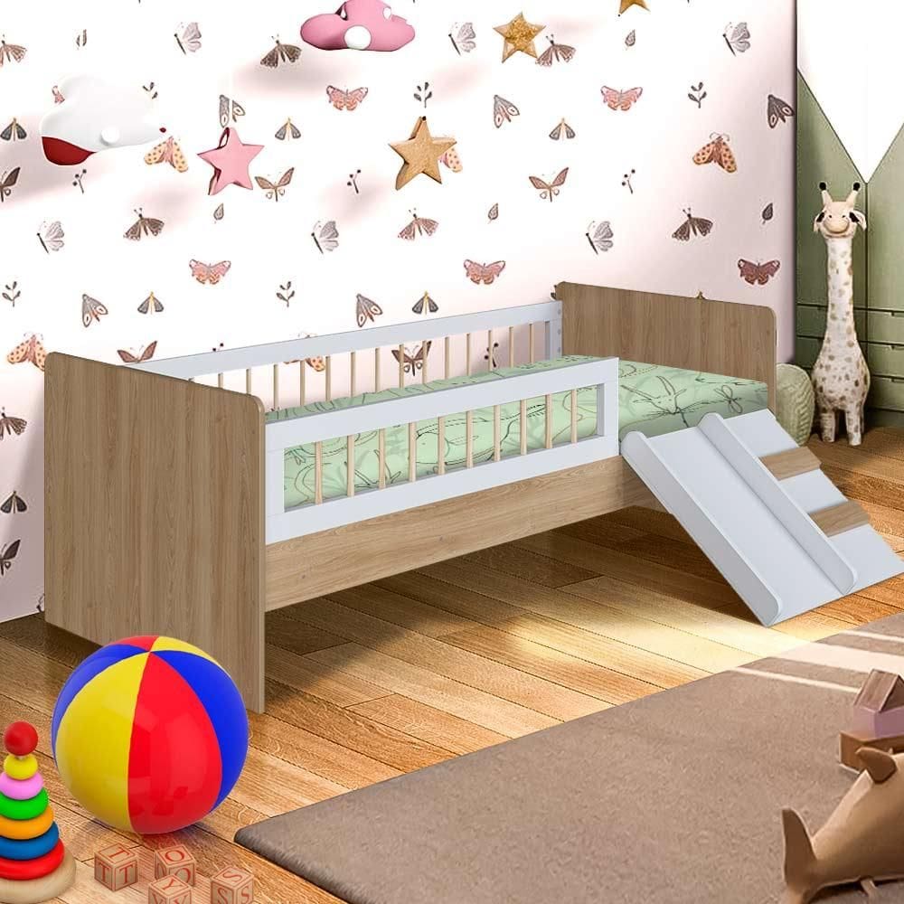 Cama Infantil Branca Com Colchão E Grade de Proteção Shop JM