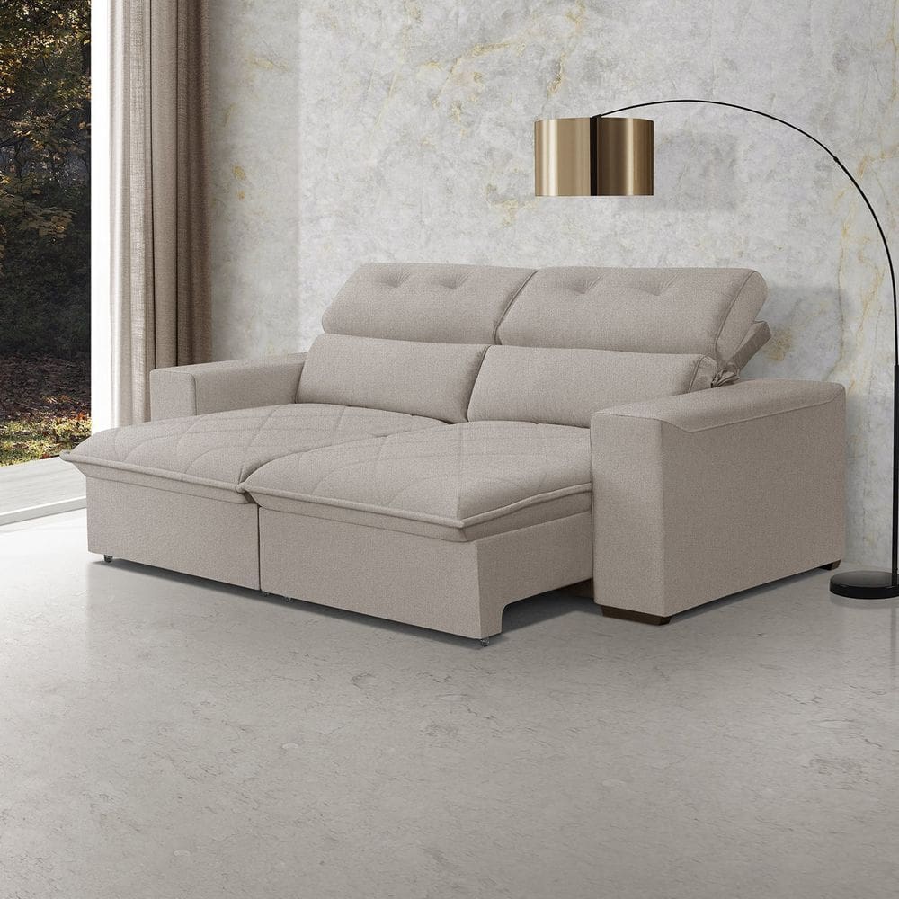 Sofá Cama Retrátil Arizona para Sala de Estar 220 Cm 3 Lugares Linho Bege