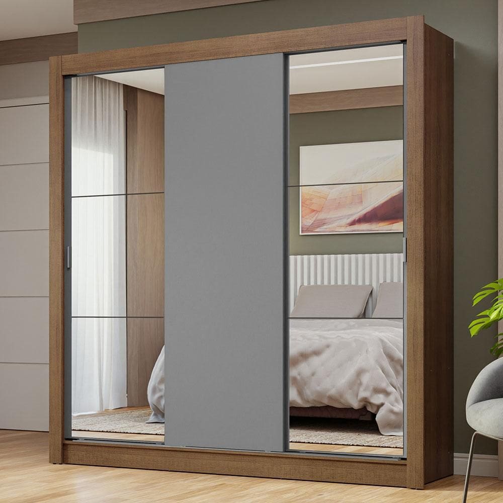 Guarda-Roupa Casal 3 Portas de Correr com Espelhos Rustic/Cinza Nobre Madesa