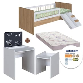 Conjunto Cama Montessoriana Com Colchão Ortobom Mesa Infantil Aveiro Oak Branco Shop JM