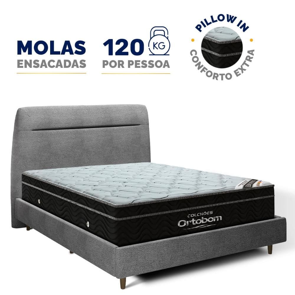 Cama + Cabeceira Genebra Bouclé com Colchão de Molas Ensacadas Ortobom Elegante Super Pillow In Casal 138cm