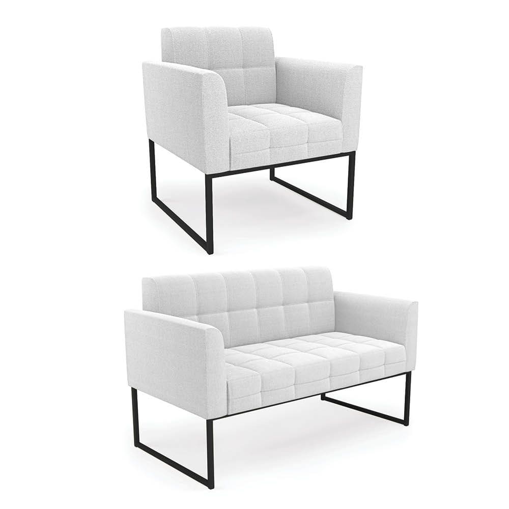 Sofá Namoradeira e Poltrona Industrial Preto Elisa Bouclê Off Wte D03 - D`Rossi