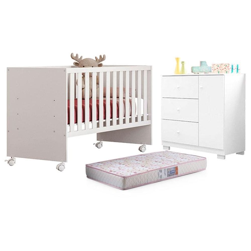 Berço Nacional Doce Sonho 3540 e Cômoda Infantil Duda Branco Brilho com Colchão Gazin – Phoenix Baby