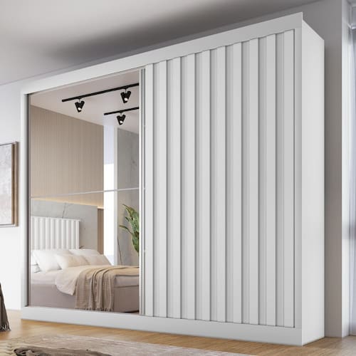 imagem-Guarda Roupa Casal com Espelho 2 Portas de Correr 4 Gavetas Ripado Atlanta Made Marcs - Branco