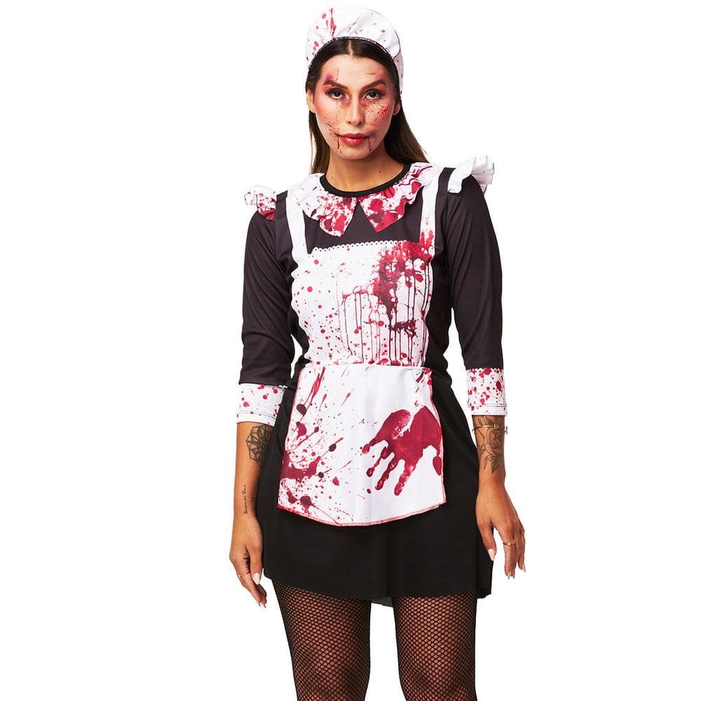 Fantasia Halloween Empregada Assassina do Mal Zumbi Feminina