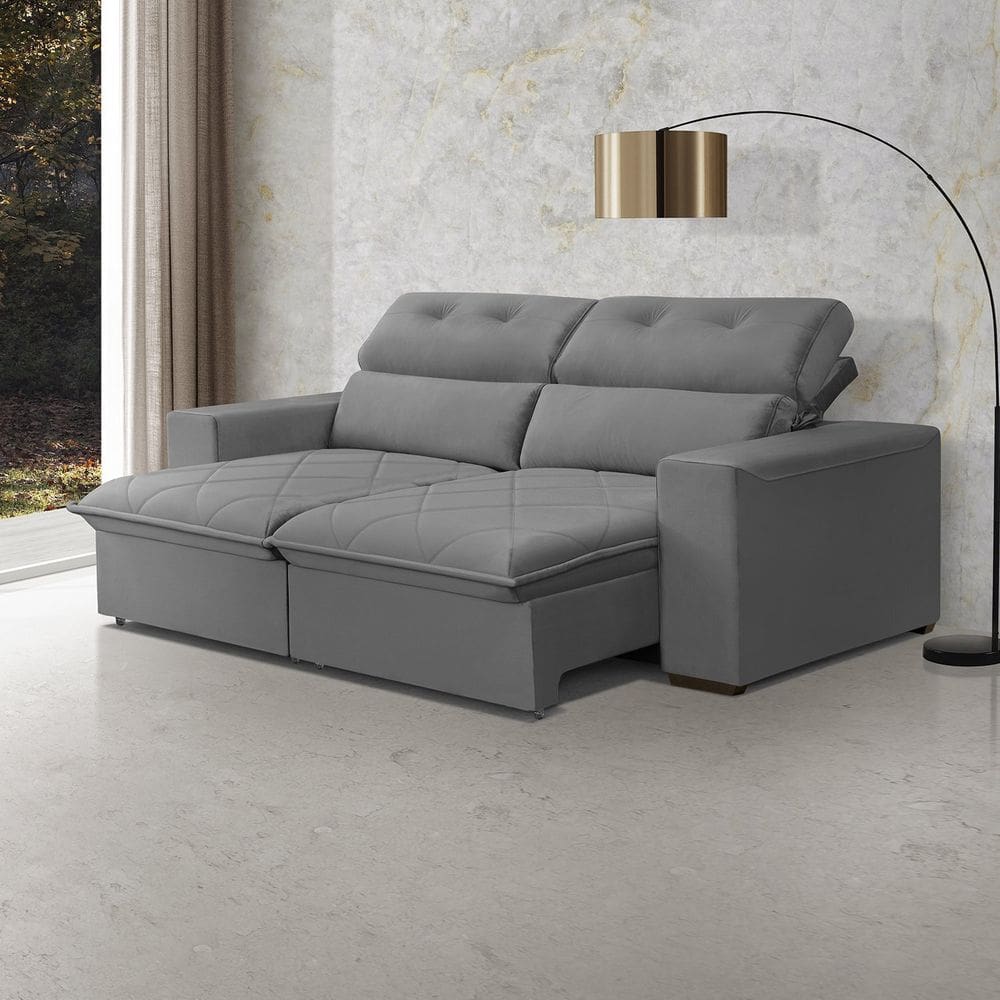 Sofá Cama Retrátil Arizona para Sala de Estar 182 Cm 3 Lugares Veludo Cinza