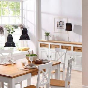 Balcão Buffet Aparador de Madeira com 4 Portas e 4 Gavetas | Coleção England Branco lavado/Cera natural