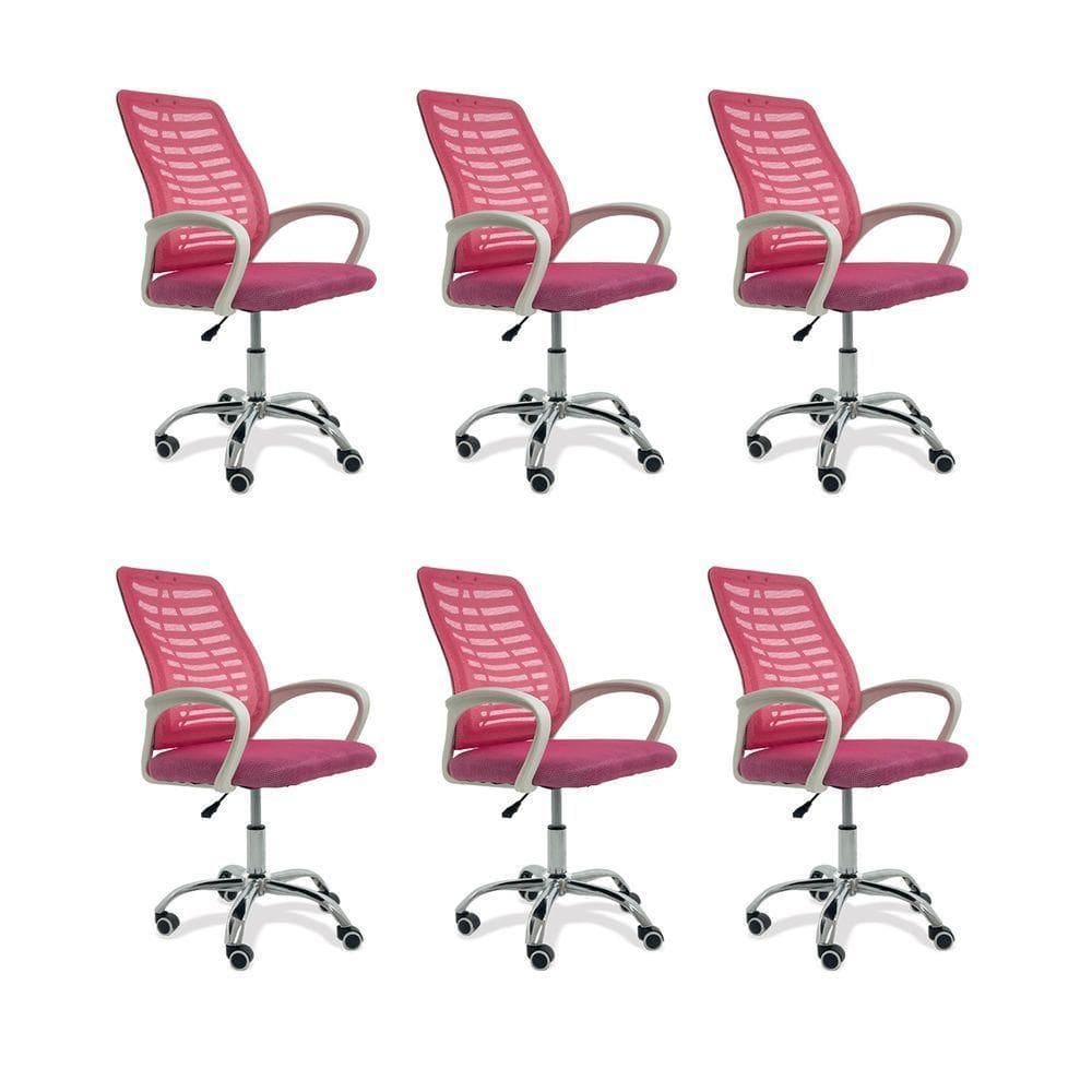 Kit 6 Cadeiras De Escritório Esteirinha Mesh Ergonômica Rosa