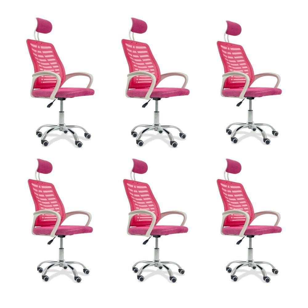 Kit 6 Cadeiras Escritório Diretor Tela Mesh Com Encosto De Cabeça Rosa