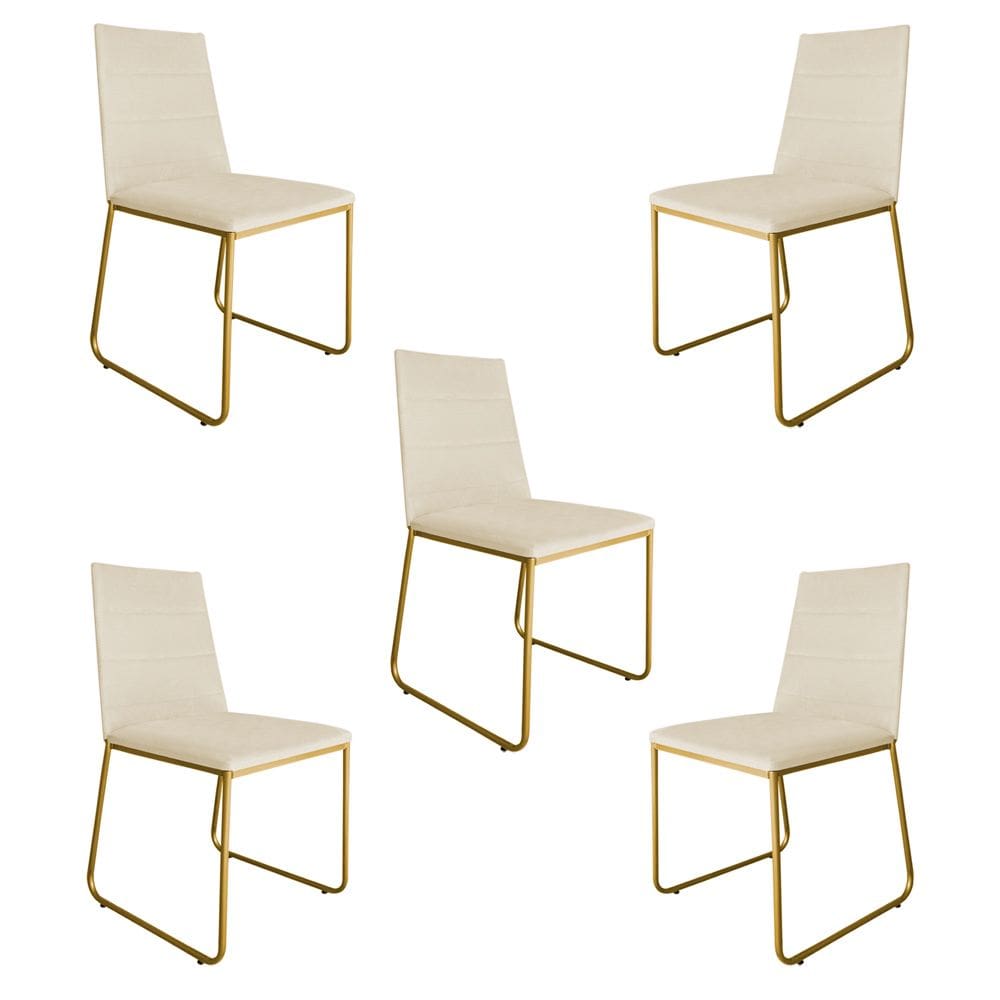 Kit 05 Cadeira de Jantar Estofada Lille Base Gold Courino Bege - Montanaris Decor
