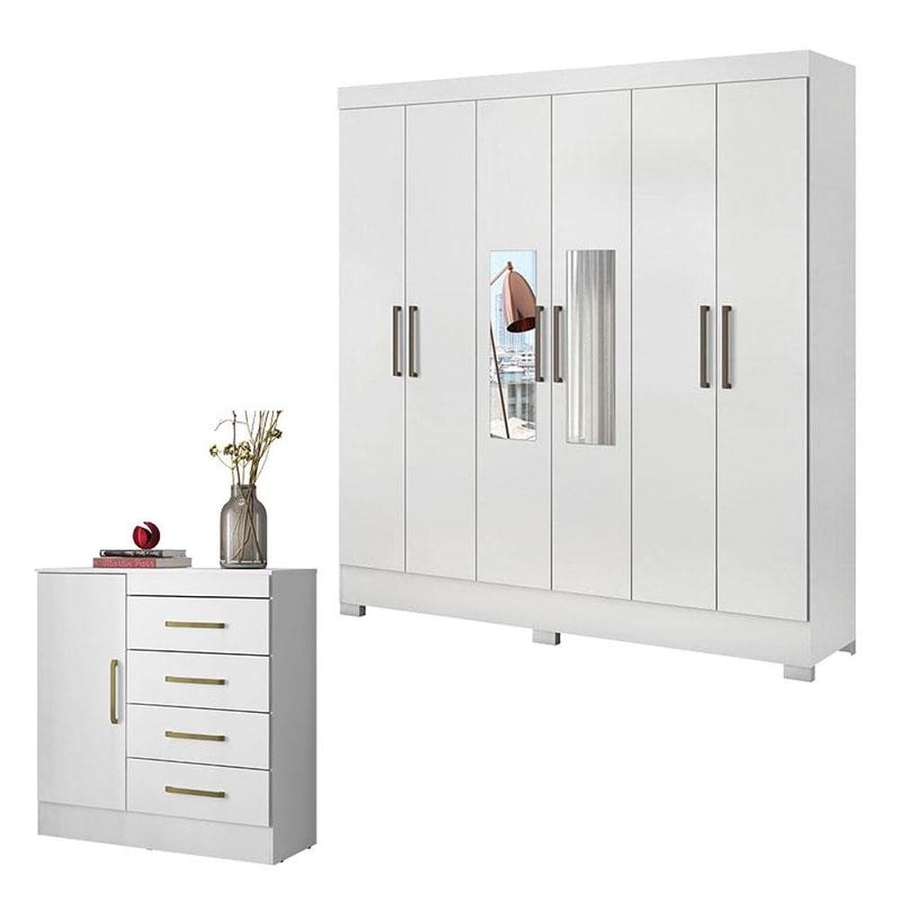 Cômoda Montevidéu e Guarda Roupa Casal Prático Branco com Espelho - Demóbile