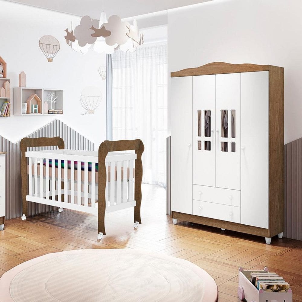 Quarto de Bebê Berço Mini Cama e Guarda-Roupa 4 Portas Lila Carolina Baby
