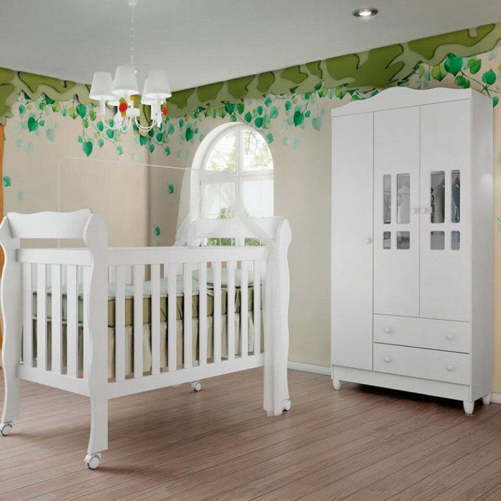 Quarto de Bebê Berço Mini Cama e Guarda-Roupa 3 Portas Lila Carolina Baby