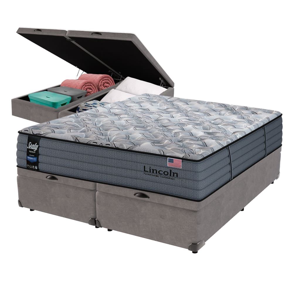 Cama Box Baú Cinza e Colchão Queen Lincoln Molas Ensacadas Sealy