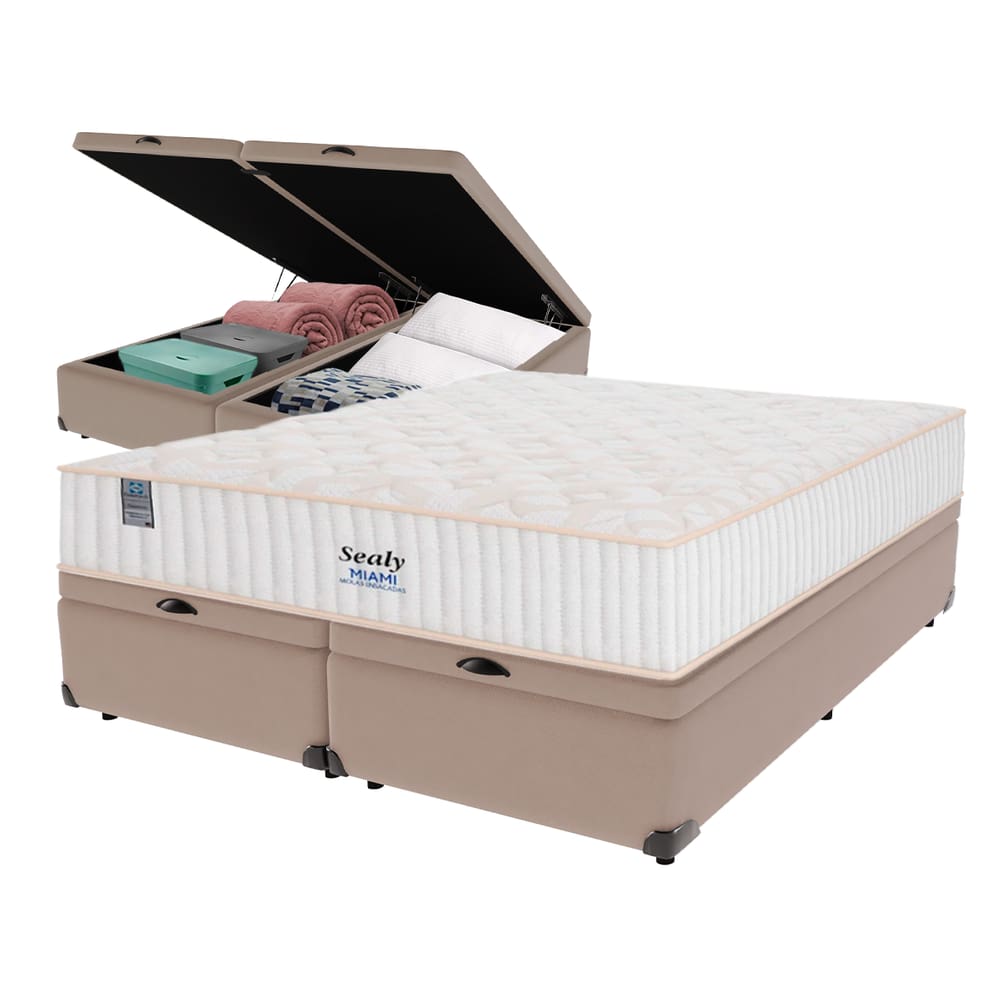Cama Box Baú Bege e Colchão King Miami Molas Ensacadas Euro Pillow Sealy