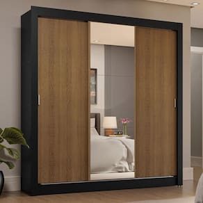 Guarda-Roupa Casal 3 Portas de Correr com Espelho 4 Gavetas Preto/Rustic Sublime Plus Madesa