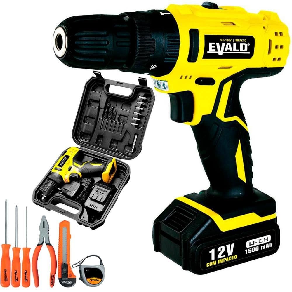 Parafusadeira Furadeira Bateria 12V Impacto Bivolt PFE-012EVI Kit EVALD + Kit Ferramentas 6 Peças SPARTA