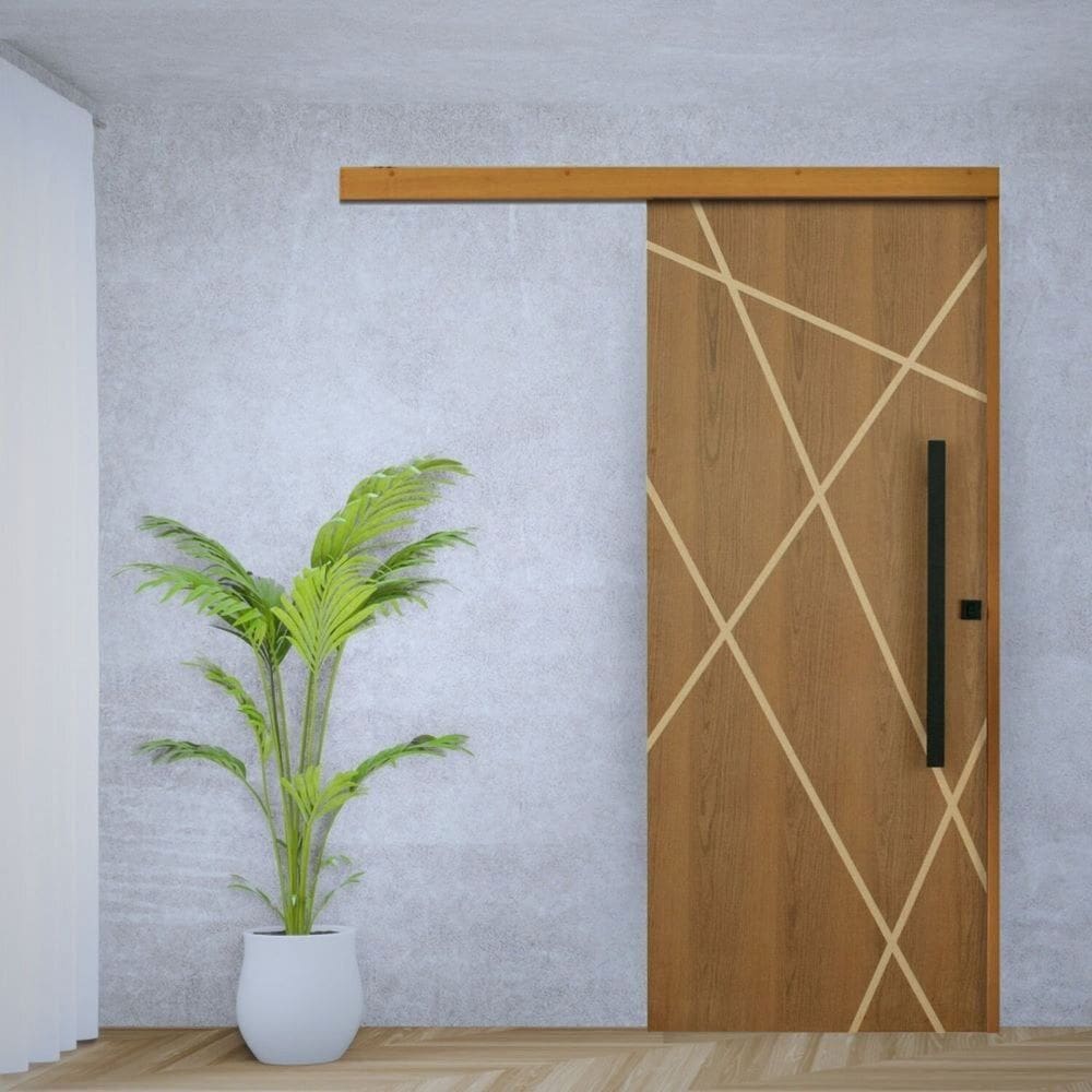 Porta de Correr Padrão Imbuia Agatha Trilho Embutir Puxador Barra Chata 800 Mm Preto 92 X 210 Esquer Natural