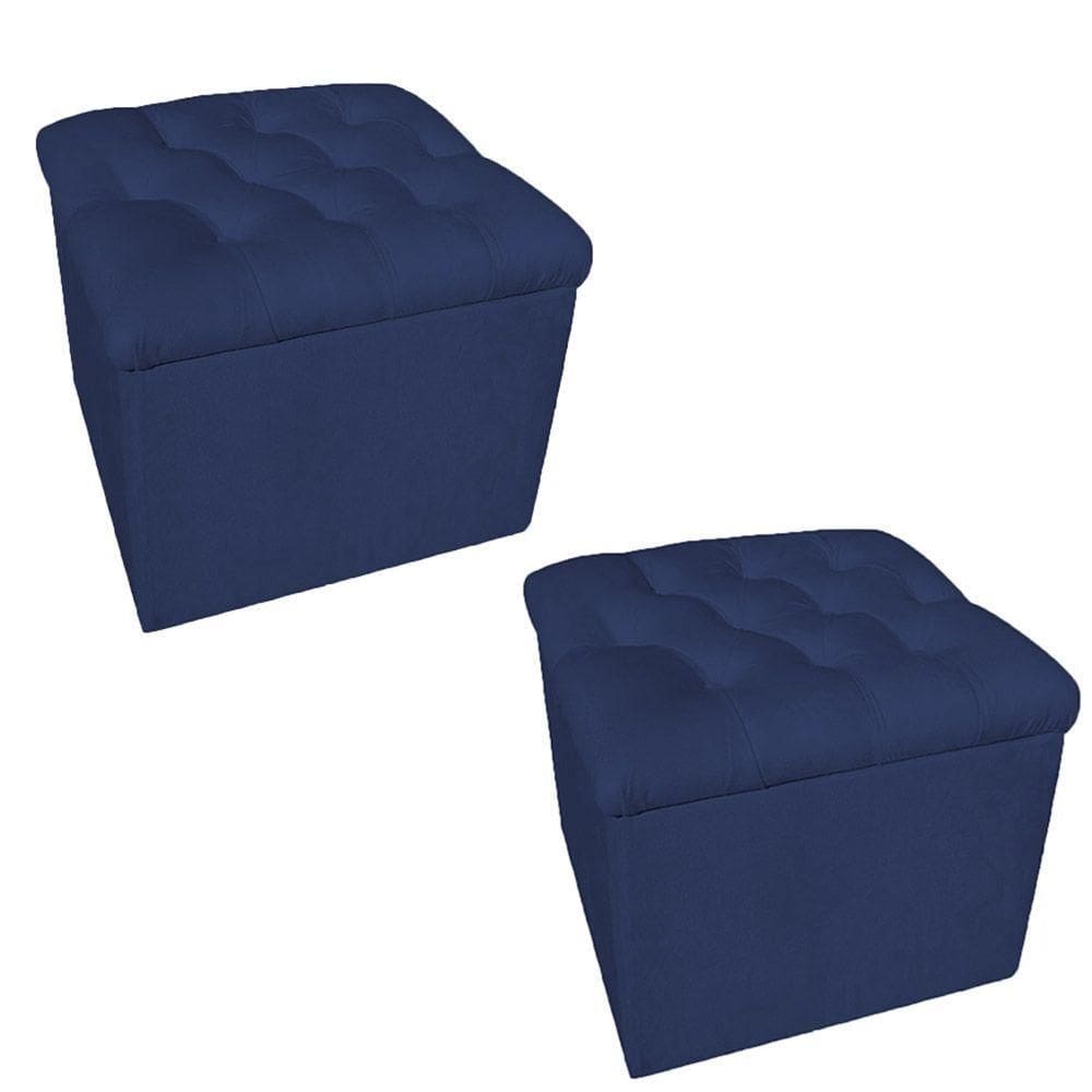 Kit 2 Puff Baú Decorativo 51x51 Suede Azul Marinho - Majú Decor
