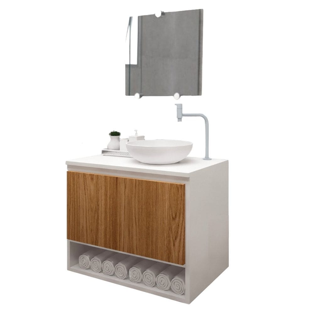 Gabinete Armário para Banheiro com Pia Cuba e Espelho 60cm Balcão Suspenso Hanover