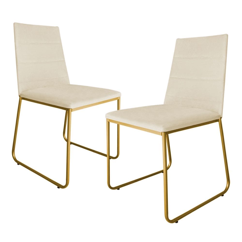 Kit 02 Cadeira de Jantar Estofada Lille Base Gold Courino Bege - Montanaris Decor