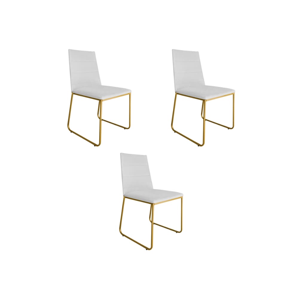 Kit 03 Cadeira de Jantar Estofada Lille Base Gold Courino Branco - Montanaris Decor