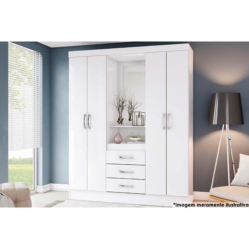 Guarda Roupa 4 Portas e 3 Gavetas c/ Espelho Briz B24 Branco/Rosa - Henn