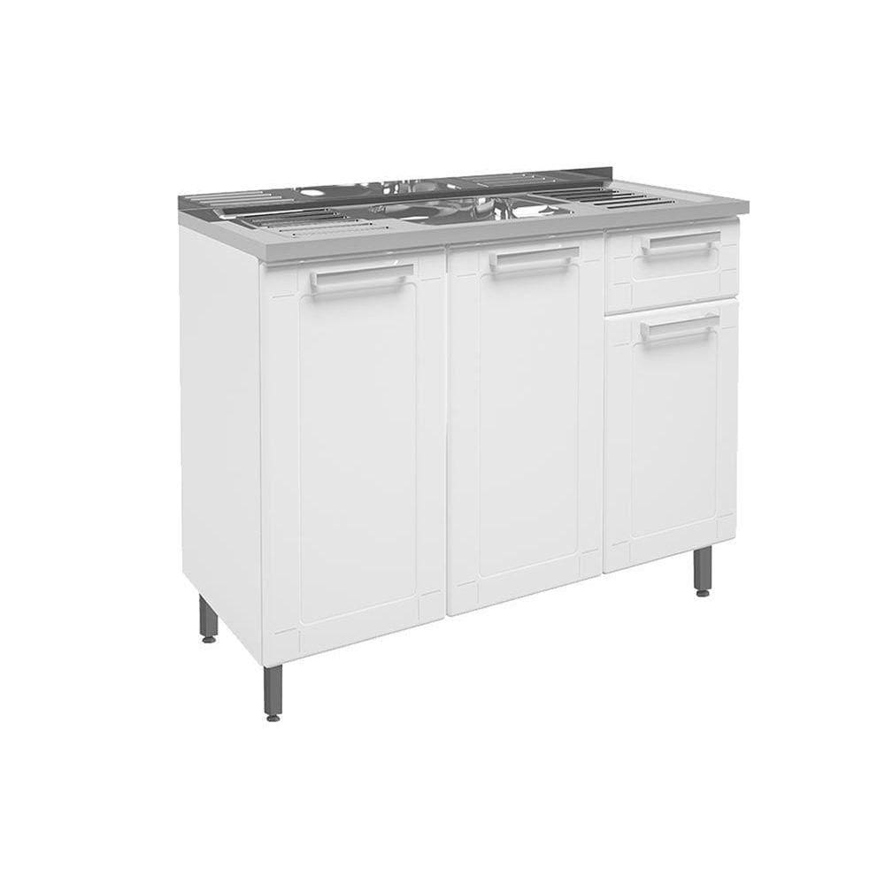 Gabinete de Cozinha Modulado Balcão c/ Pia Múltipla 3 Portas 1 Gaveta Branco - Bertolini