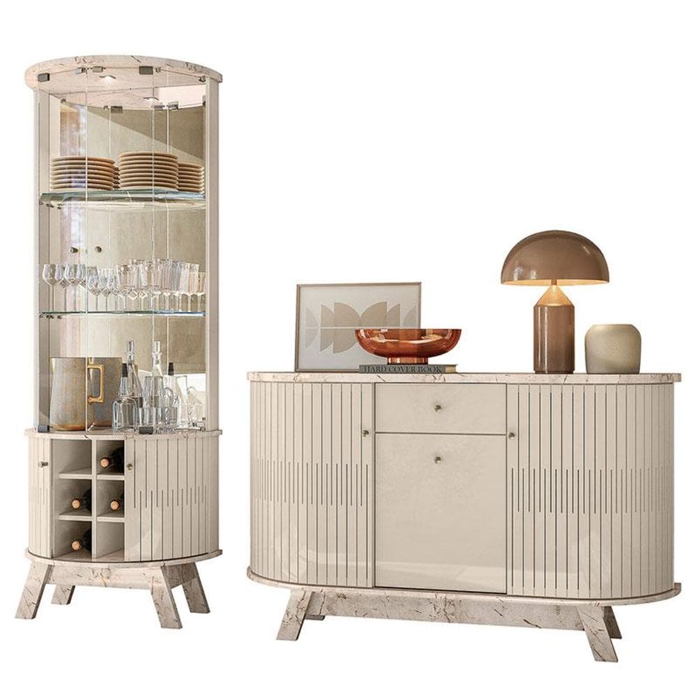 Aparador para Sala Buffet Monza e Cristaleira Marina Calacata Off White - Madetec